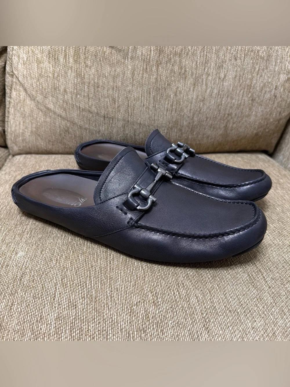 Salvatore Ferragamo Men's Black Leather, Iconic Gancini HardwareSlip-On Mules 11